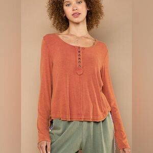 POL Long Sleeve Henley Top Small Orange Ribbed Soft